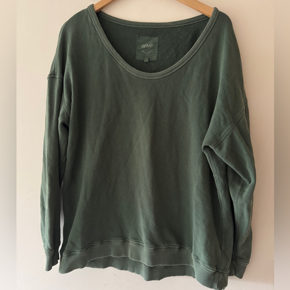 Aerie Offline Oversized Pullover Sweater Washed Dark Green